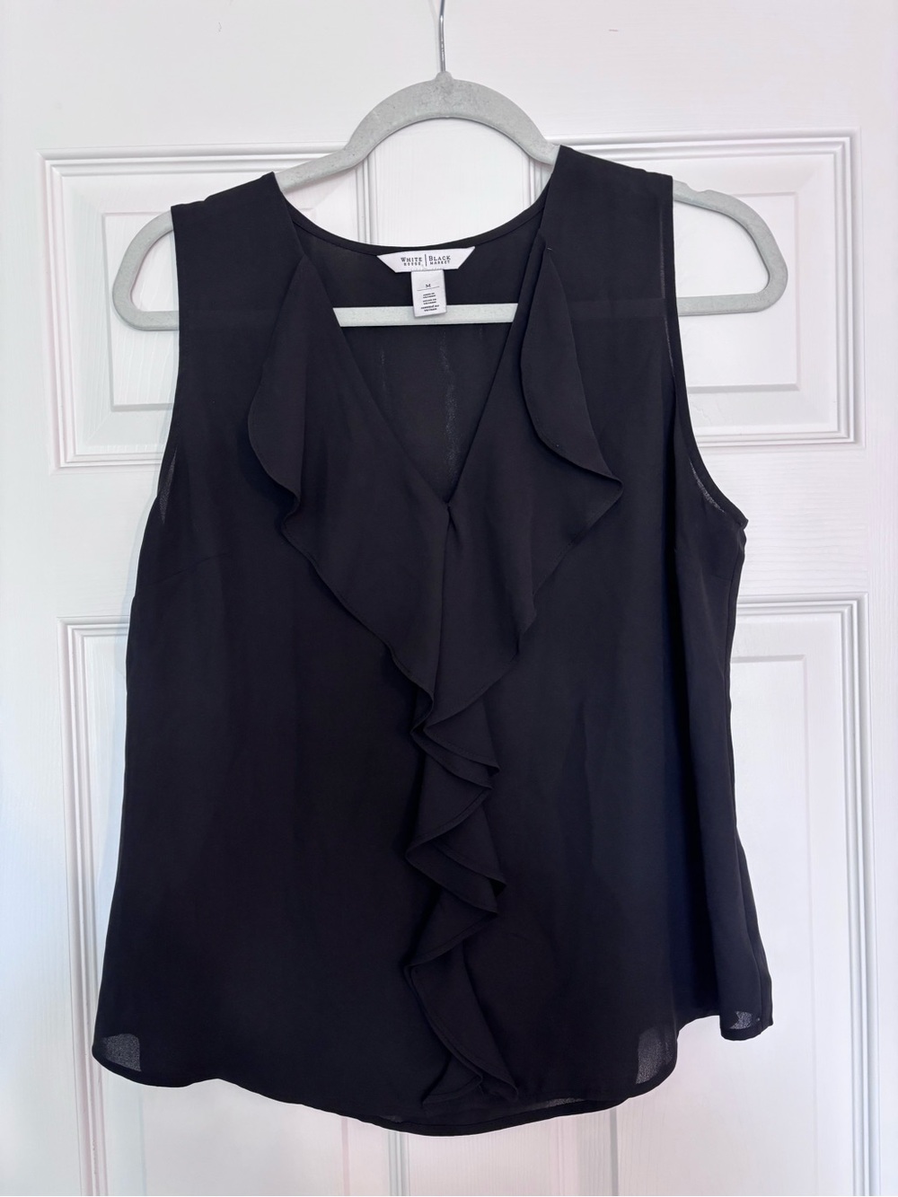 White House Black Market Black Sleeveless Ruffle V-Neck Blouse